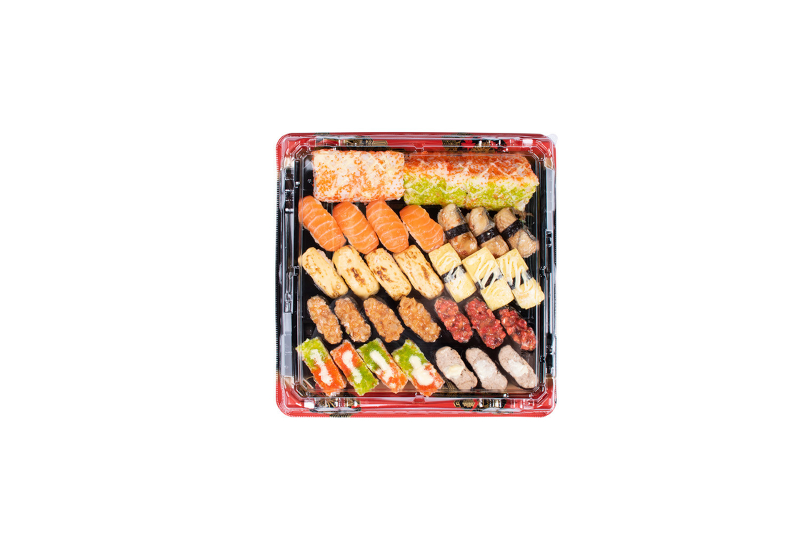 Scatola di sushi monouso nero rosso con coperchio trasparente vassoio per il sushi da portare fuori contenitore per i dolci di frutta