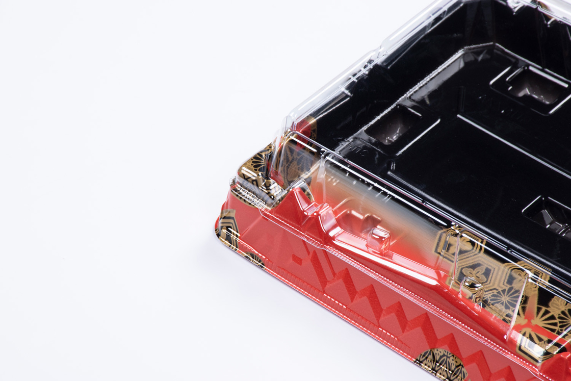 Scatola di sushi monouso nero rosso con coperchio trasparente vassoio per il sushi da portare fuori contenitore per i dolci di frutta