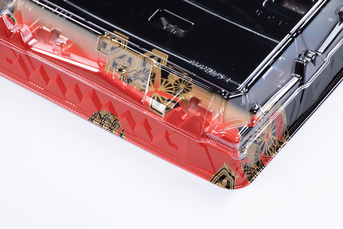 Scatola di sushi monouso nero rosso con coperchio trasparente vassoio per il sushi da portare fuori contenitore per i dolci di frutta
