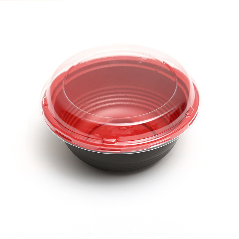 Scatola di imballaggio monouso per alimenti scatola rotonda di fast food spessita di plastica rossa con coperchio impermeabile scodella da zuppa scodella da pranzo