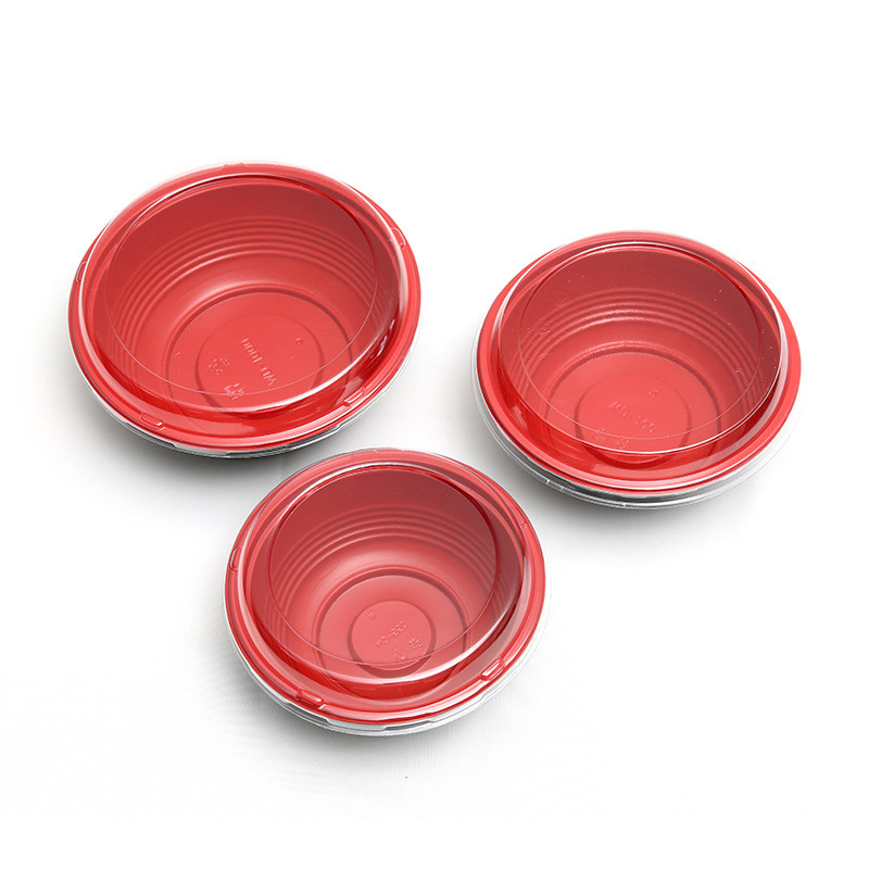 Scatola di imballaggio monouso per alimenti scatola rotonda di fast food spessita di plastica rossa con coperchio impermeabile scodella da zuppa scodella da pranzo