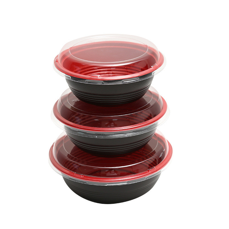 Scatola di imballaggio monouso per alimenti scatola rotonda di fast food spessita di plastica rossa con coperchio impermeabile scodella da zuppa scodella da pranzo