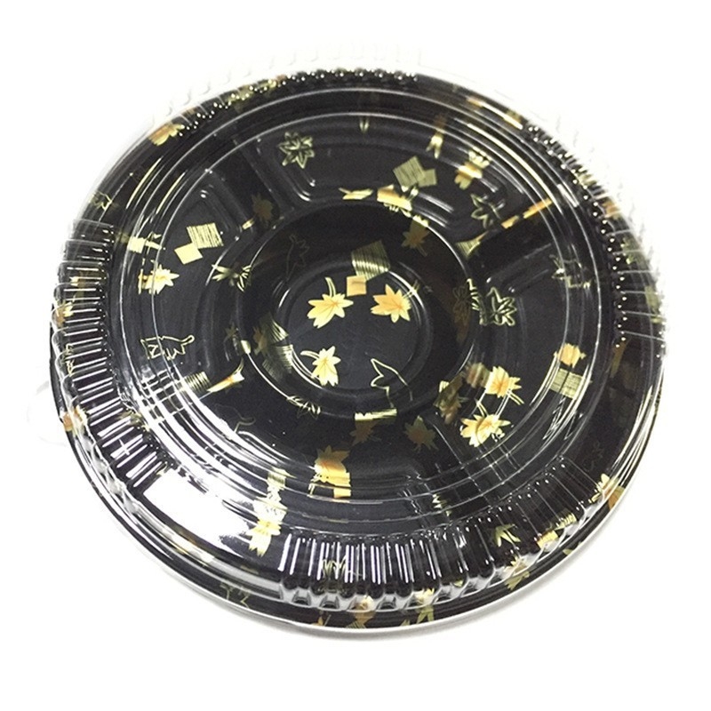 Scatola di sushi monouso in plastica rotonda con coperchio a cinque griglie Corpo di salmone spina venduto Scatola da pranzo in confezione