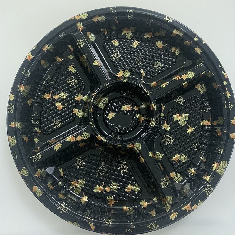 Scatola di sushi monouso in plastica rotonda con coperchio a cinque griglie Corpo di salmone spina venduto Scatola da pranzo in confezione