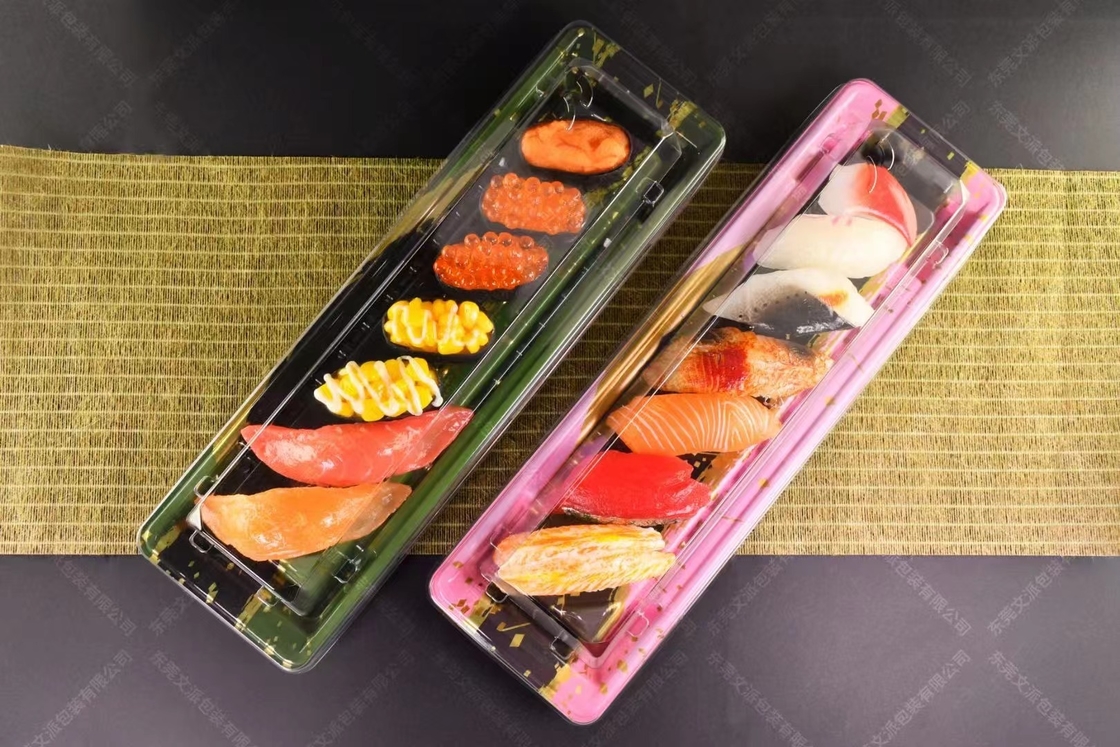 Imballaggio vendita a caldo plastica usa e getta PP/PET/OPS design popolare super grande taglia da asporto sushi vassoio festa。