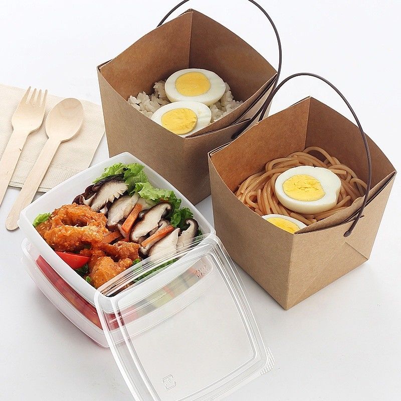 Ricicli la carta kraft portano via il contenitore d'imballaggio di tagliatella del pranzo con Tray And Handle