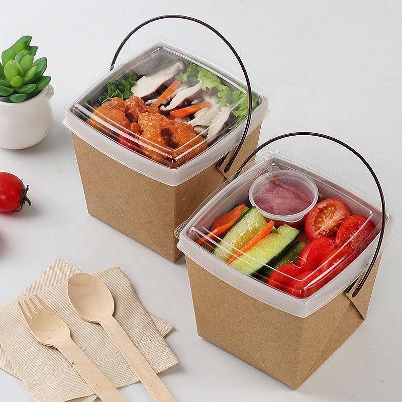 Ricicli la carta kraft portano via il contenitore d'imballaggio di tagliatella del pranzo con Tray And Handle